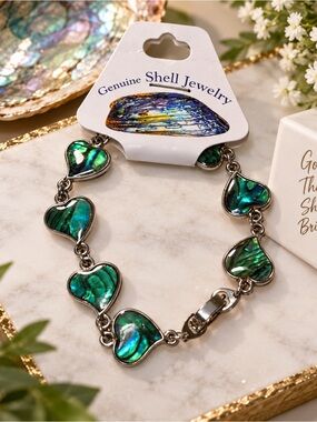 NWT Genuine Paua Shell Heart Link Bracelet Silver Tone Green Blue Iridescent